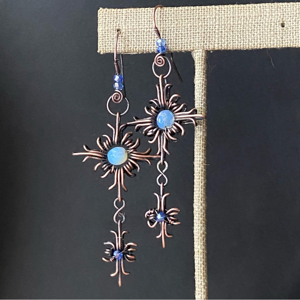 Pure Copper Star and Cross Earrings, 3” Drop, Opalite and Blue Crystal Beads.